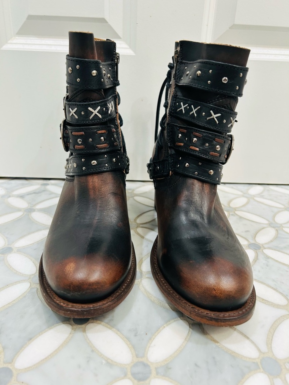 Freebird by Steven Caspian Leather Multi-Strap Studded Moto Boots Brown Black 10 - Picture 9 of 14